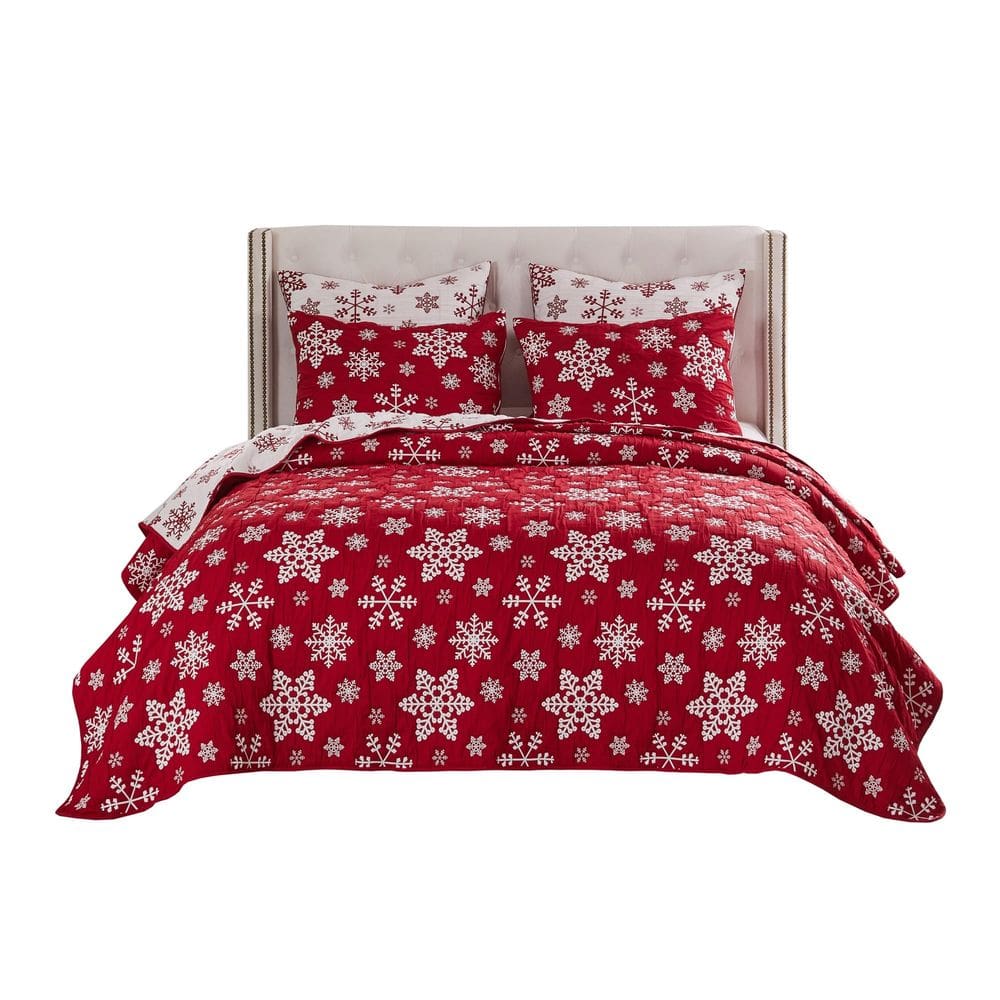 Conjunto de roupa de cama Benzara Flok Twin de 2 peças Red White Snowflake