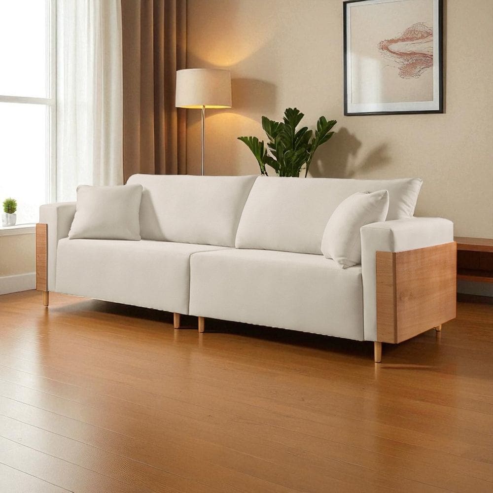 Sofá Fixo Heitor 3 Lugares Luxo Pé de Madeira 1,80m Castellar Móbile Sintético Off White