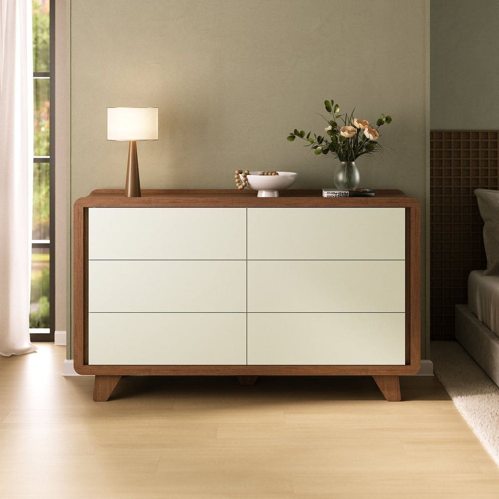 Cômoda 6 Gavetas 100% Mdf Premium com Corrediças Telescópicas e Pés Elevados Mabel Off White/ Castanho