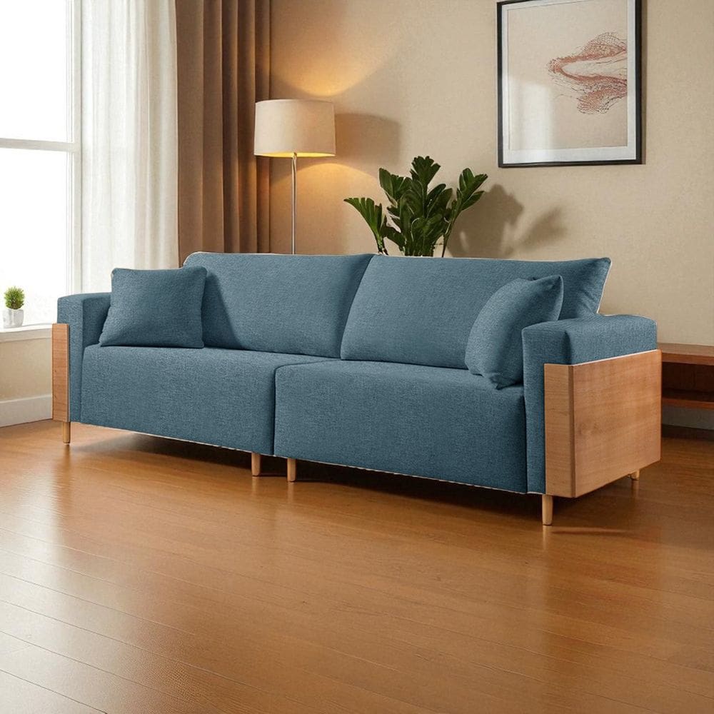 Sofá Fixo Heitor Pé de Madeira Luxo 1,60m Castellar Móbile Linho Azul