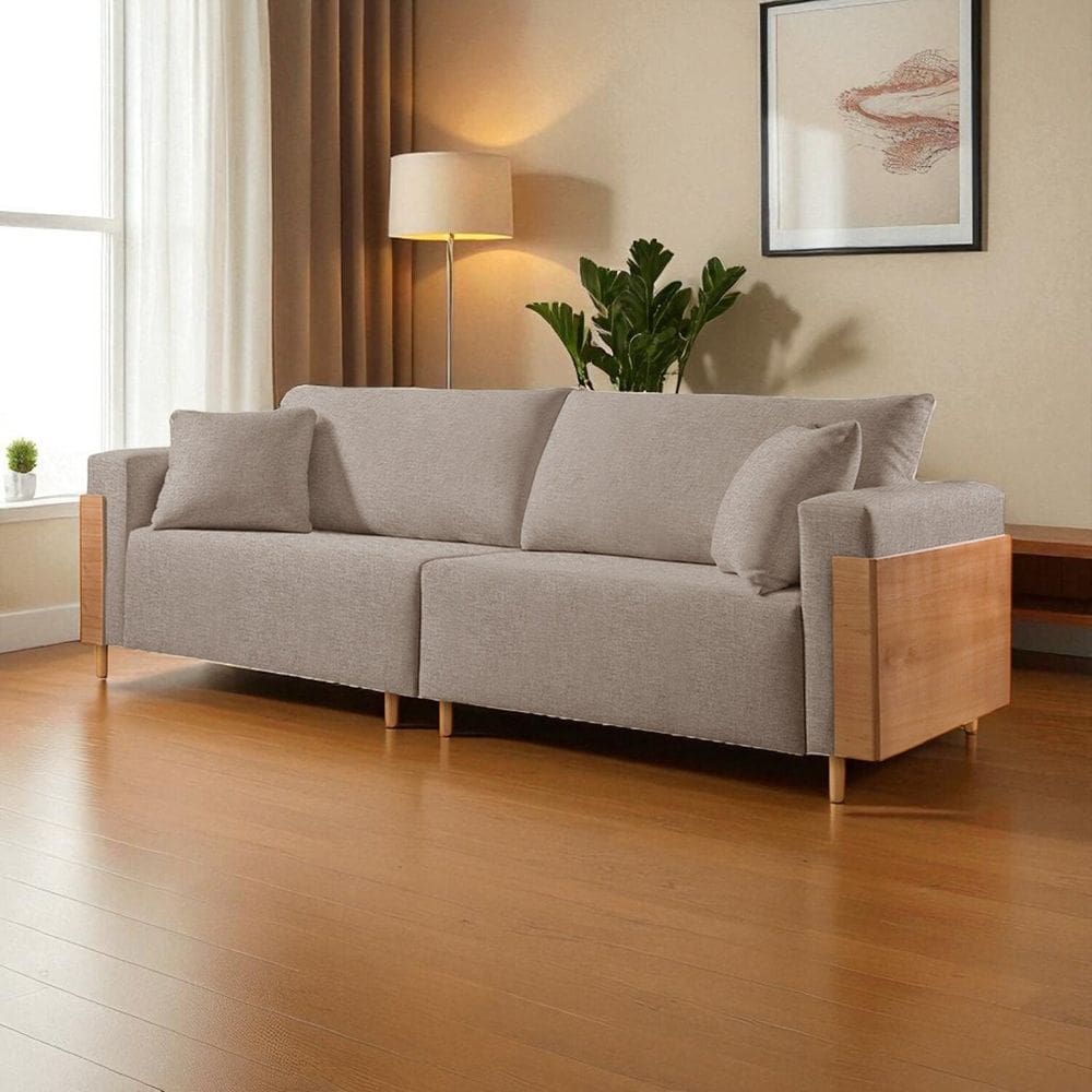 Sofá Fixo Heitor 4 Lugares Luxo Pé de Madeira 2,40m Castellar Móbile Linho Cappuccino