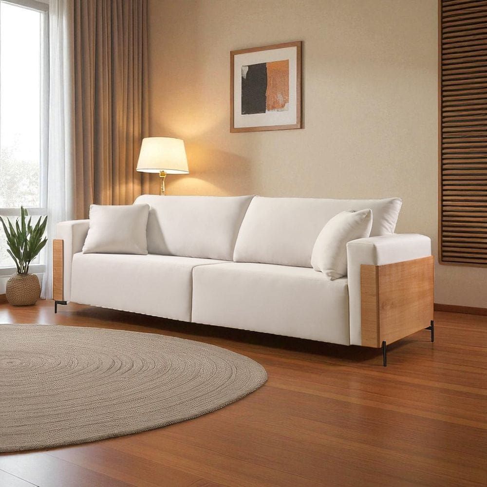 Sofá Fixo Heitor Pé de Metal Luxo 1,60m Castellar Móbile Veludo Bege Claro