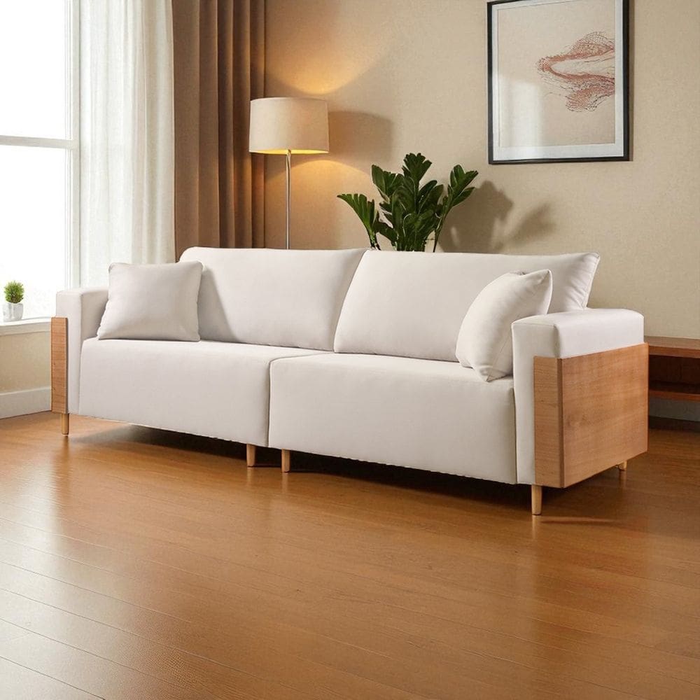 Sofá Fixo Heitor 3 Lugares Luxo Pé de Madeira 2,20m Castellar Móbile Veludo Bege Claro