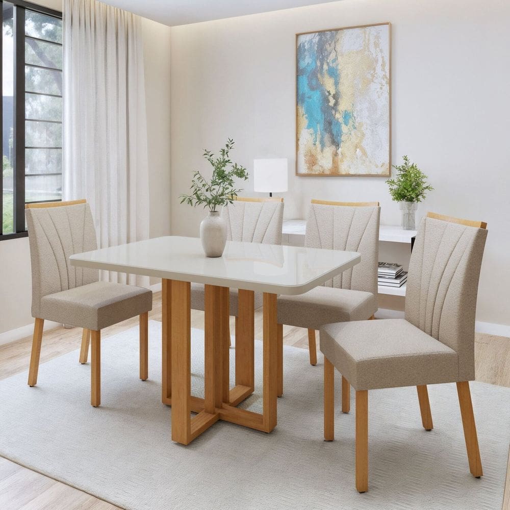 Conjunto Sala Jantar Mesa Bold 120cm Maxi Tampo 4cm Mdf e Vidro e 4 Cadeiras Pés Madeira Maciça Jade Amêndoa Clean/Off White/Naturale Creme