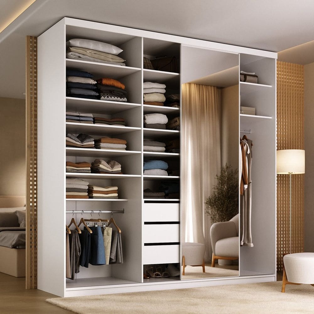 Guarda-roupa Closet Casal 100% Mdf Bp 208cm com 1 Porta Espelho 3 Gavetas Sion Branco