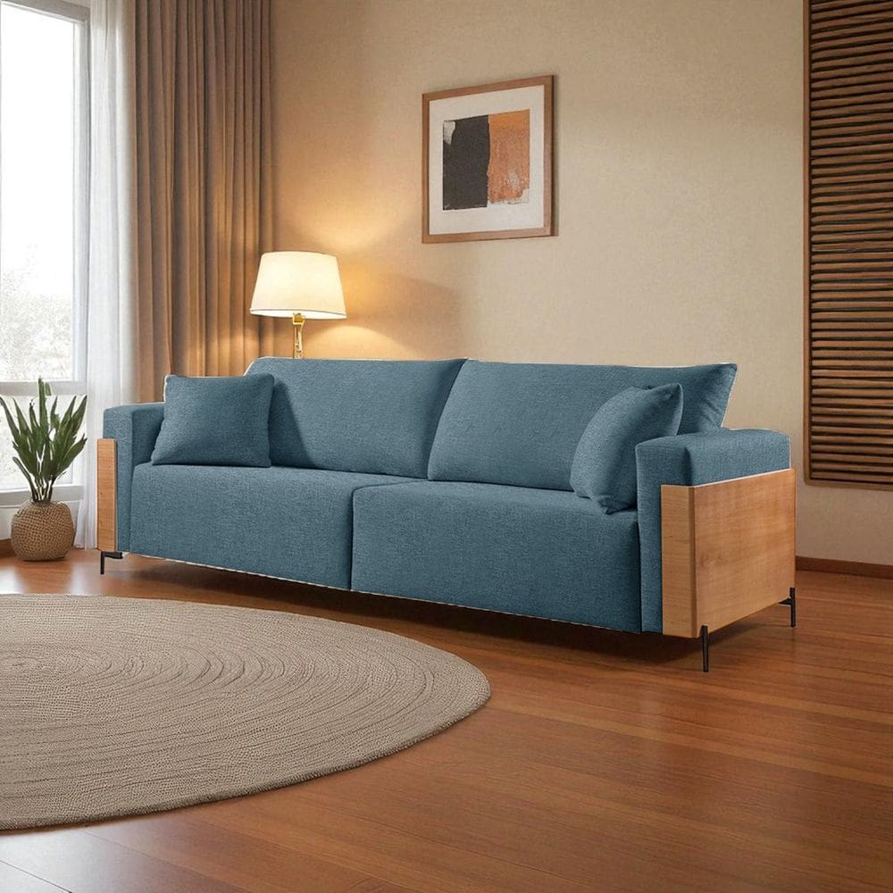 Sofá Fixo Heitor 3 Lugares Luxo Pé de Metal 2,20m Castellar Móbile Linho Azul