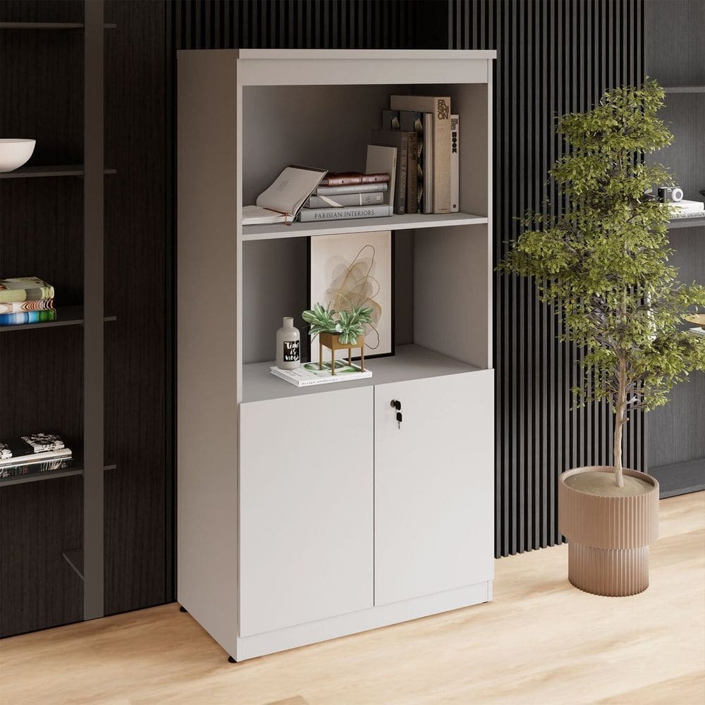 Estante Armário 160cm para Escritório com 2 Portas Puxadores Cava Corporate F5 Cinza