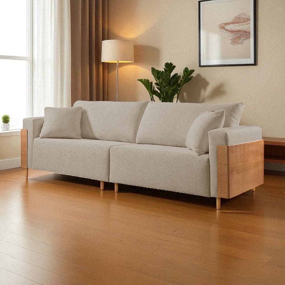 Sofá Fixo Heitor 4 Lugares Luxo Pé de Madeira 2,60m Castellar Móbile Linho Bege