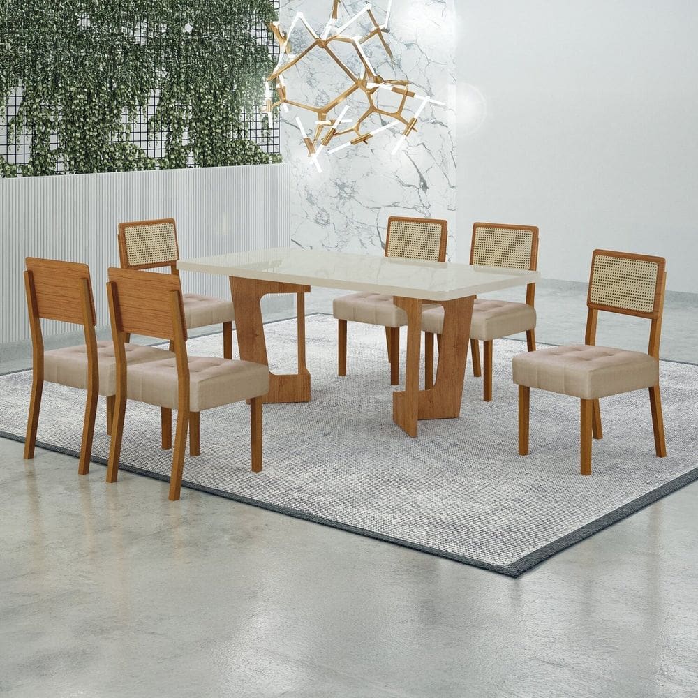 Conjunto Sala de Jantar Mesa 160cm Tampo de 4 Cm com 6 Cadeiras Liz Cinamomo/Off White