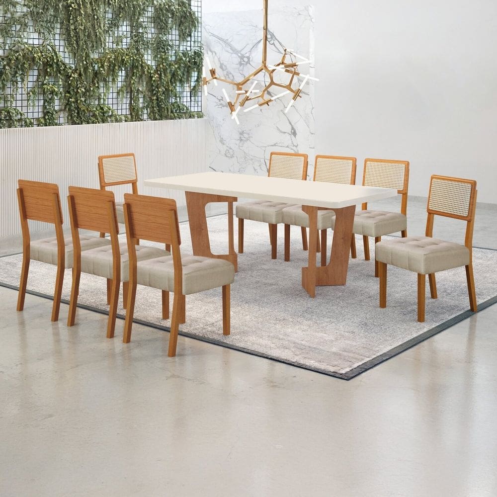 Conjunto Sala de Jantar Mesa 180cm com 8 Cadeiras Liz Cinamomo/Off White