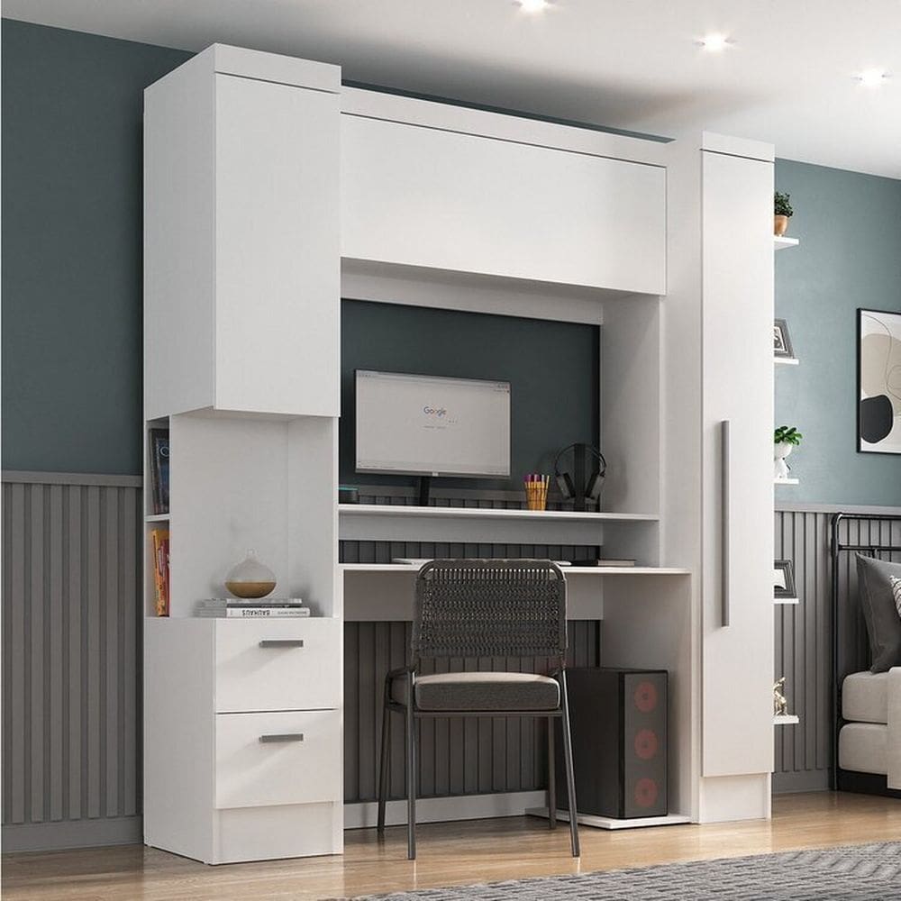 Escrivaninha com Armário 3 Portas 2 Gavetas Modulado Viena Espresso Móveis Branco