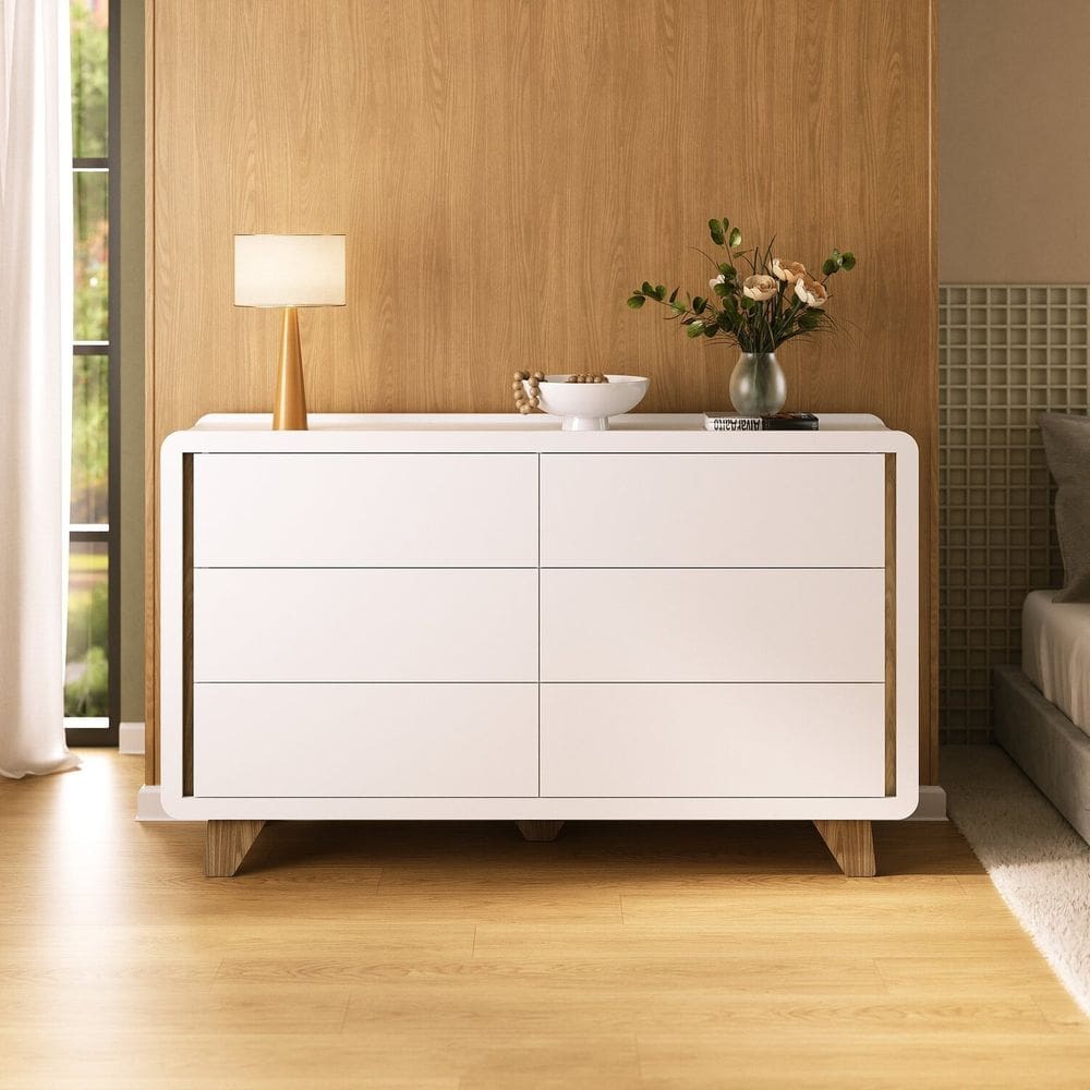 Cômoda 6 Gavetas 100% Mdf Premium com Corrediças Telescópicas e Pés Elevados Mabel Branco/ Louro Freijó Grann