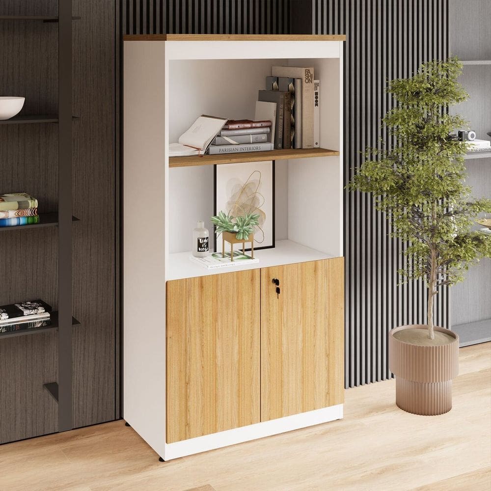 Estante Armário 160cm para Escritório com 2 Portas Puxadores Cava Corporate F5 Macadâmia / Branco