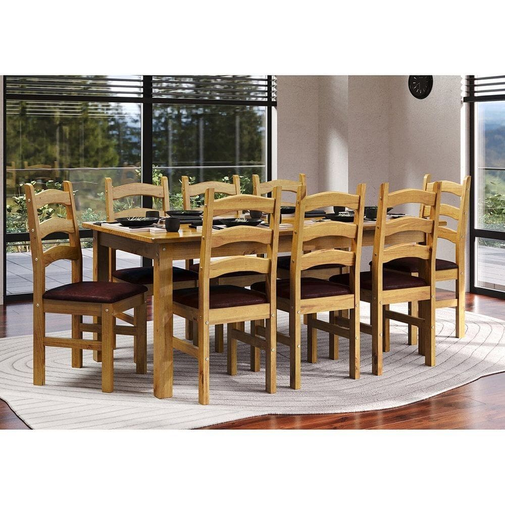 Conjunto Sala de Jantar Mesa 180cm e 8 Cadeiras Estofadas em Madeira Maciça Napoli Espresso Móveis Nogueira/Angus Ambar