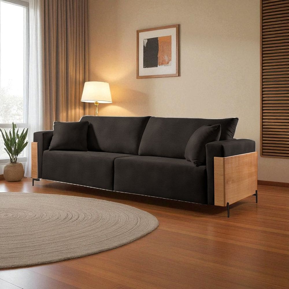 Sofá Fixo Heitor 4 Lugares Luxo Pé de Metal 2,80m Castellar Móbile Sintético Preto