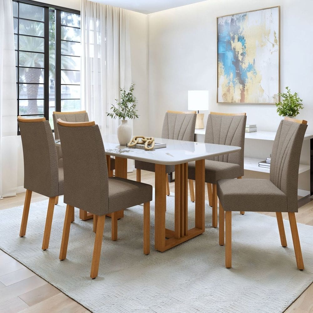 Conjunto Sala Jantar Mesa Bold 170cm Tampo Mdf e Vidro 0,4cm e 6 Cadeiras Pés Madeira Maciça Jade Amêndoa Clean/Off White/Animale Bege