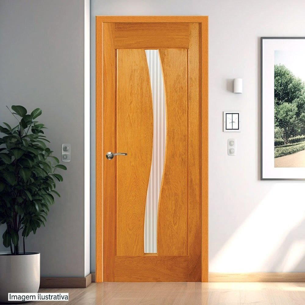 Porta de Madeira Maciça Tauari 210x70x3,3 Vidro em S Jomadi Natural