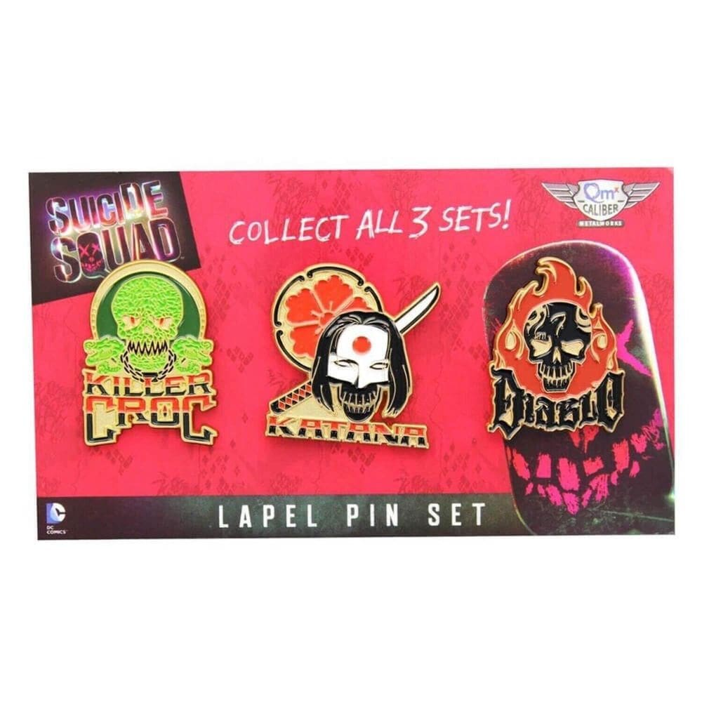Conjunto de alfinetes de lapela QMx Suicide Squad 2 com Killer Croc, Katana e El Diablo