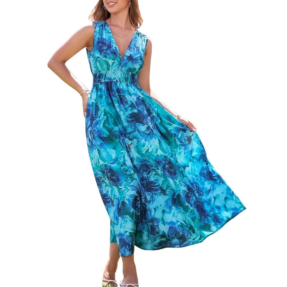 Vestido Flessibili 2025 de verão sem mangas com decote em V com estampa floral boho