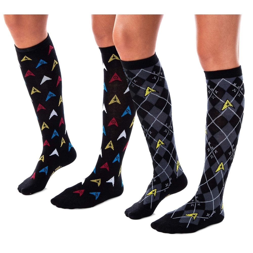Meias Star Trek até o joelho, argyle e trexel, emblemas femininos