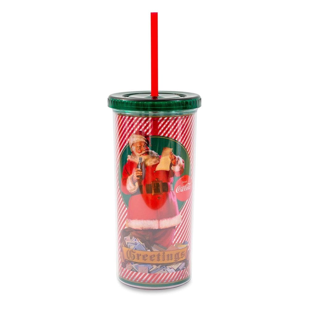 Copo de carnaval de plástico Coca-Cola Santa Claus Holiday “Greetings” com tampa resistente a derramamentos e canudo reutilizável | Comporta 20 onças