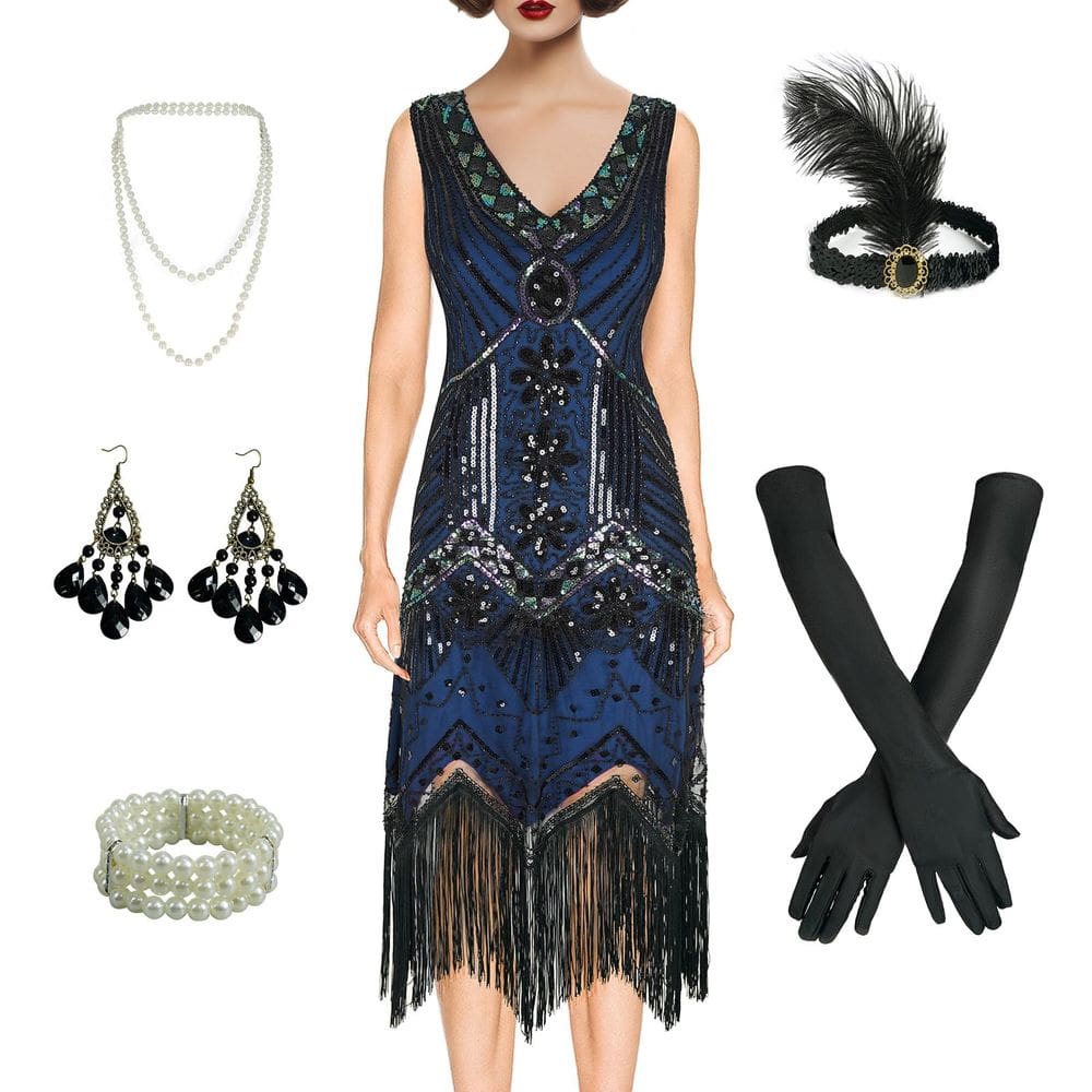 Vestido BONGZUO 1920s Flapper Vintage Lace Gatsby com acessórios