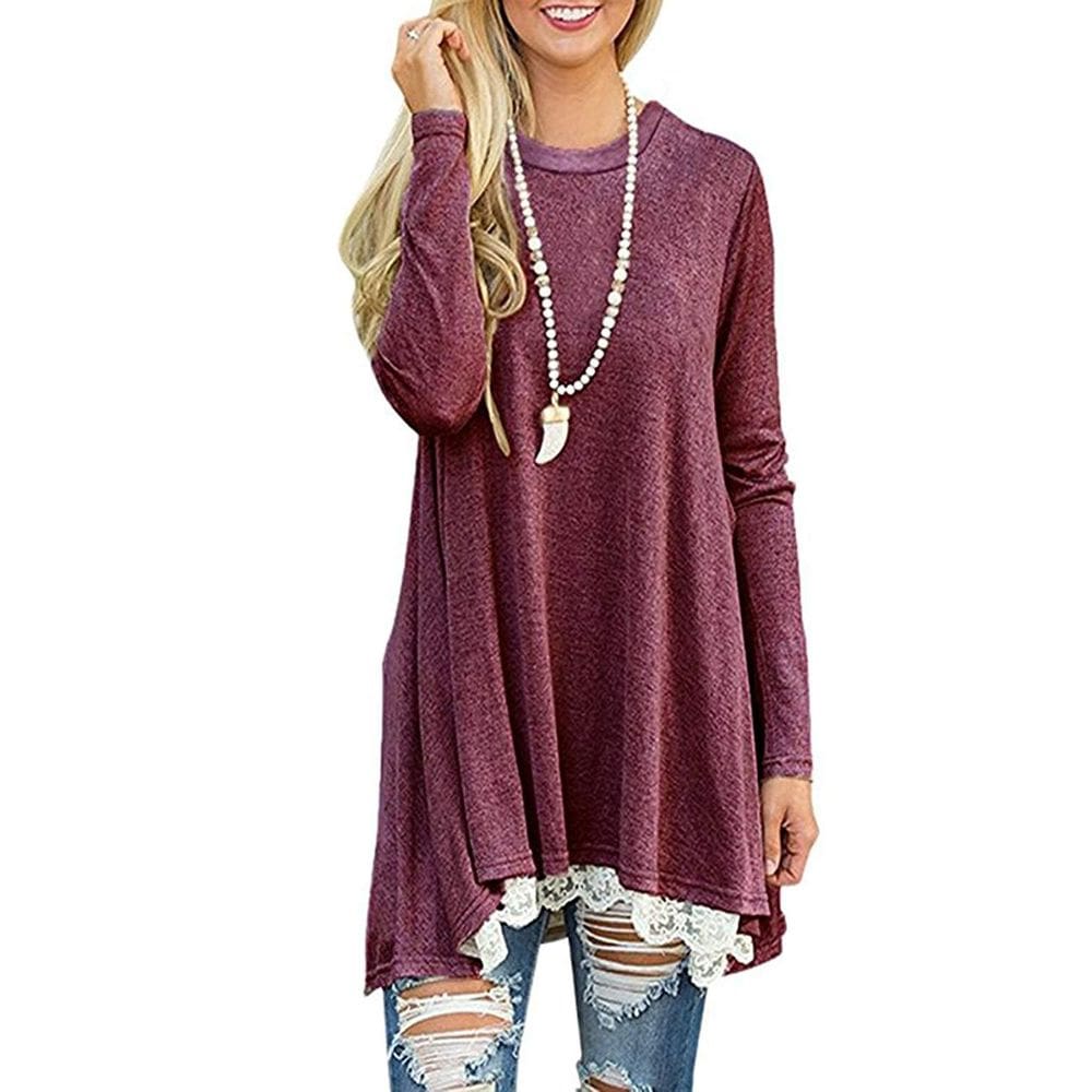 Blusa túnica feminina Andaa, gola redonda, manga comprida, vinho vermelho