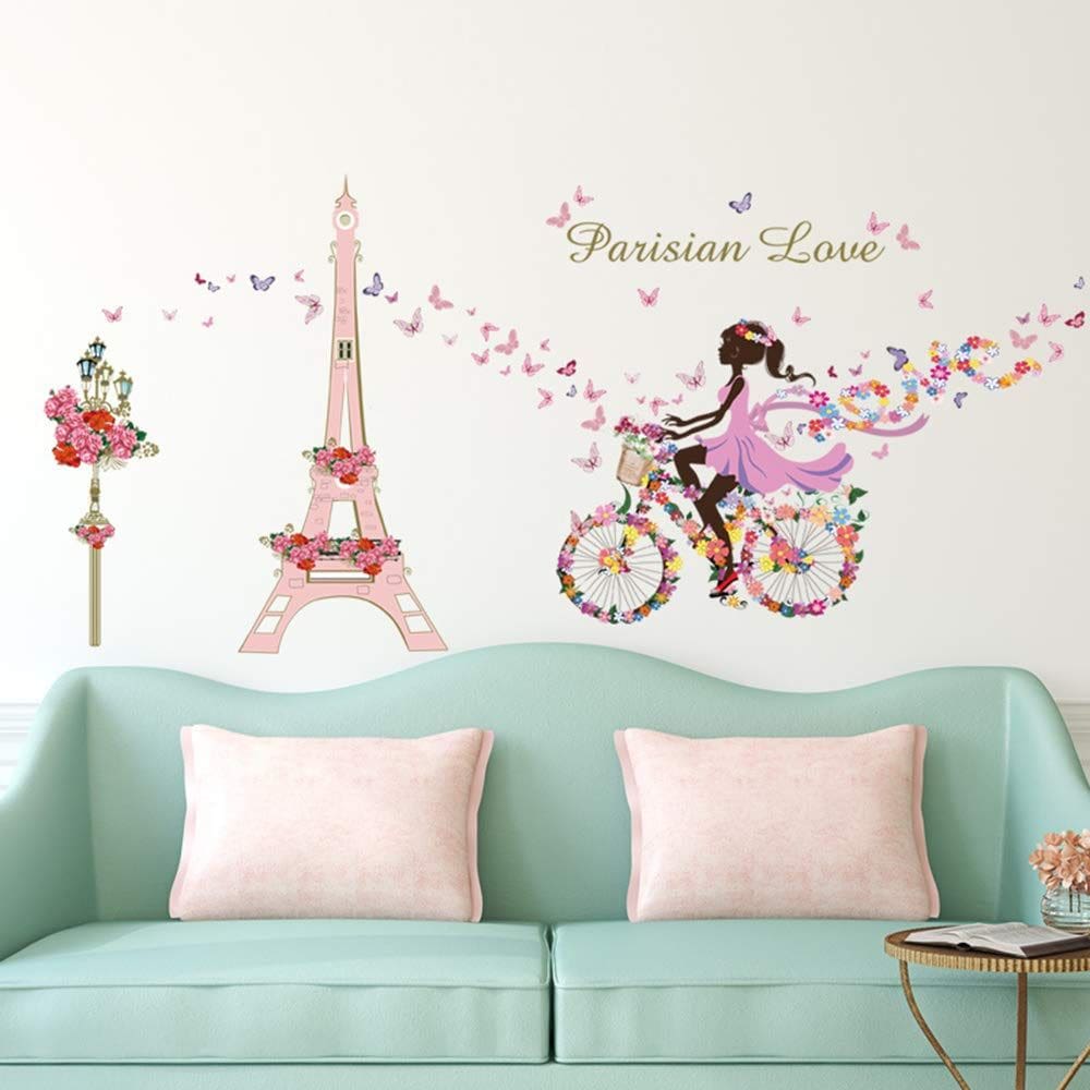Adesivos de parede Mufengke Girl Bicycle Eiffel Tower Flowers