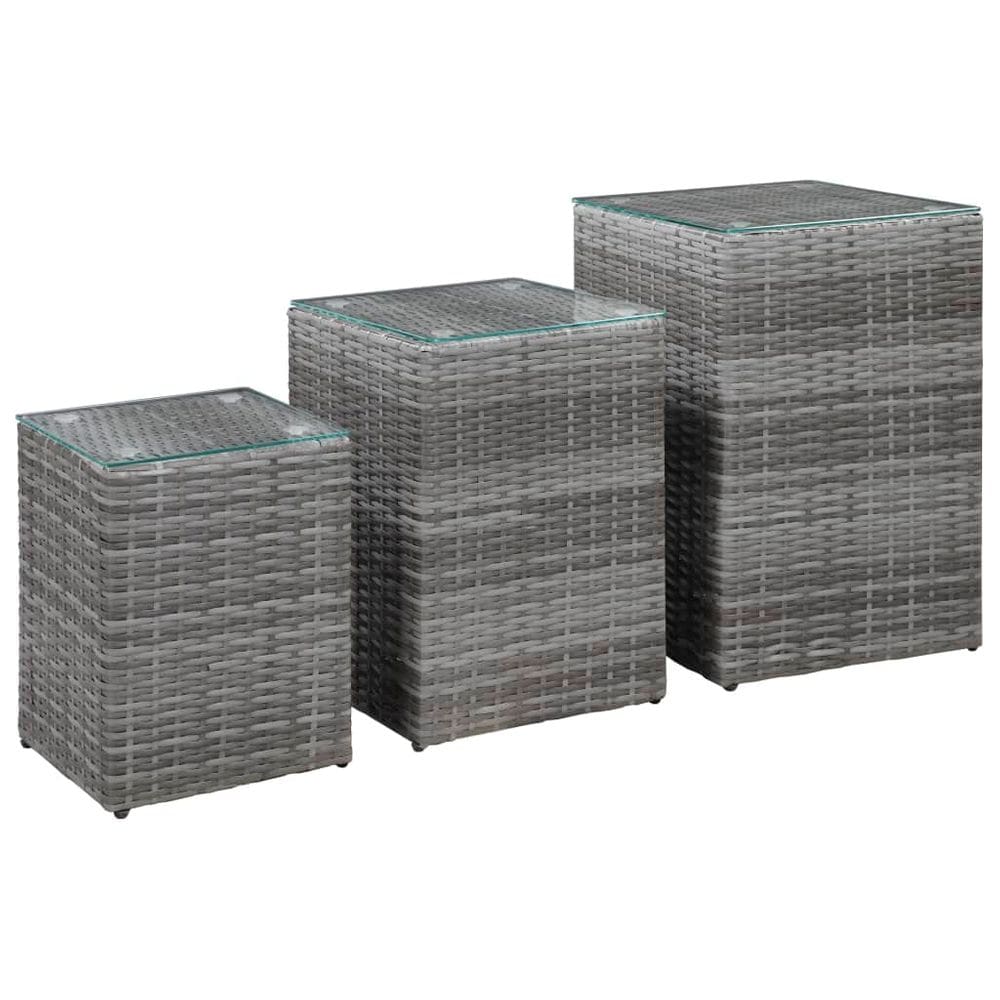 Conjunto de 3 mesas laterais vidaXL Grey Poly Rattan com tampo de vidro