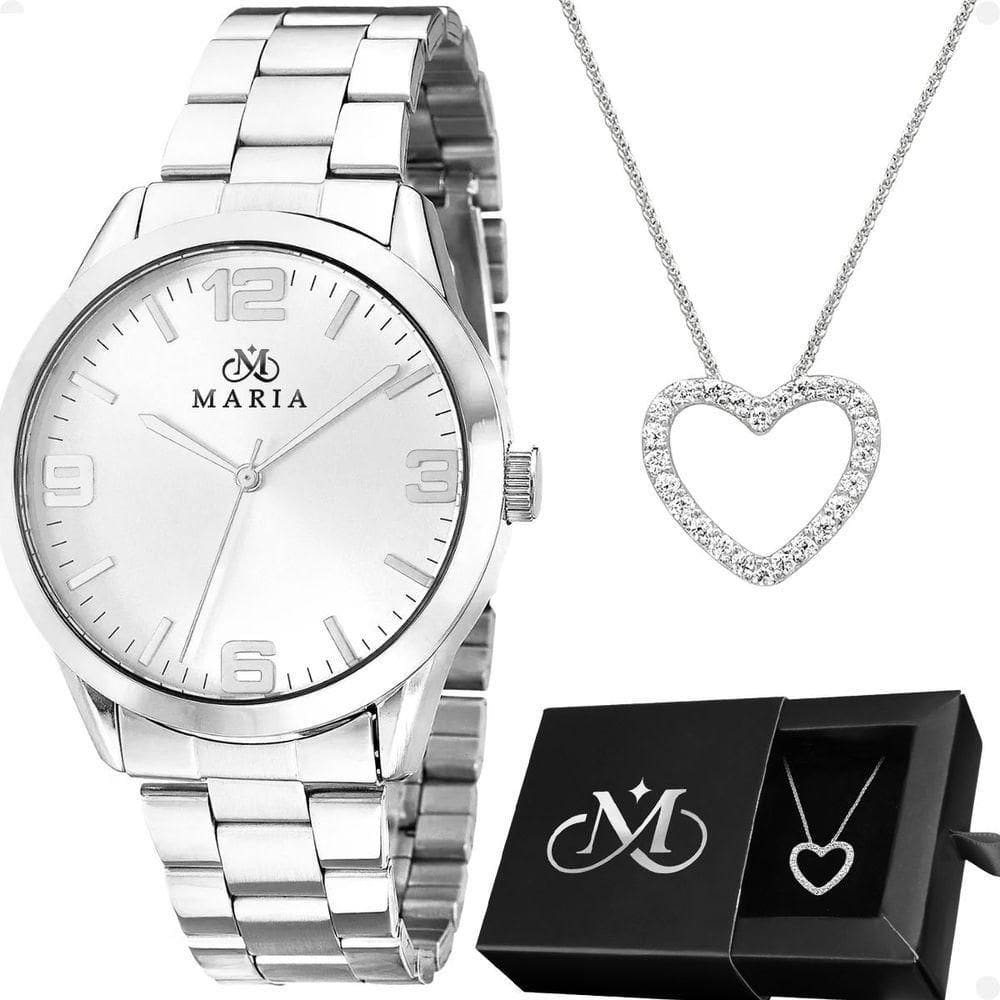 Relogio Aco Inox Prata Feminino + Caixa + Colar Coracao Ponteiro Strass Presente Casual Social