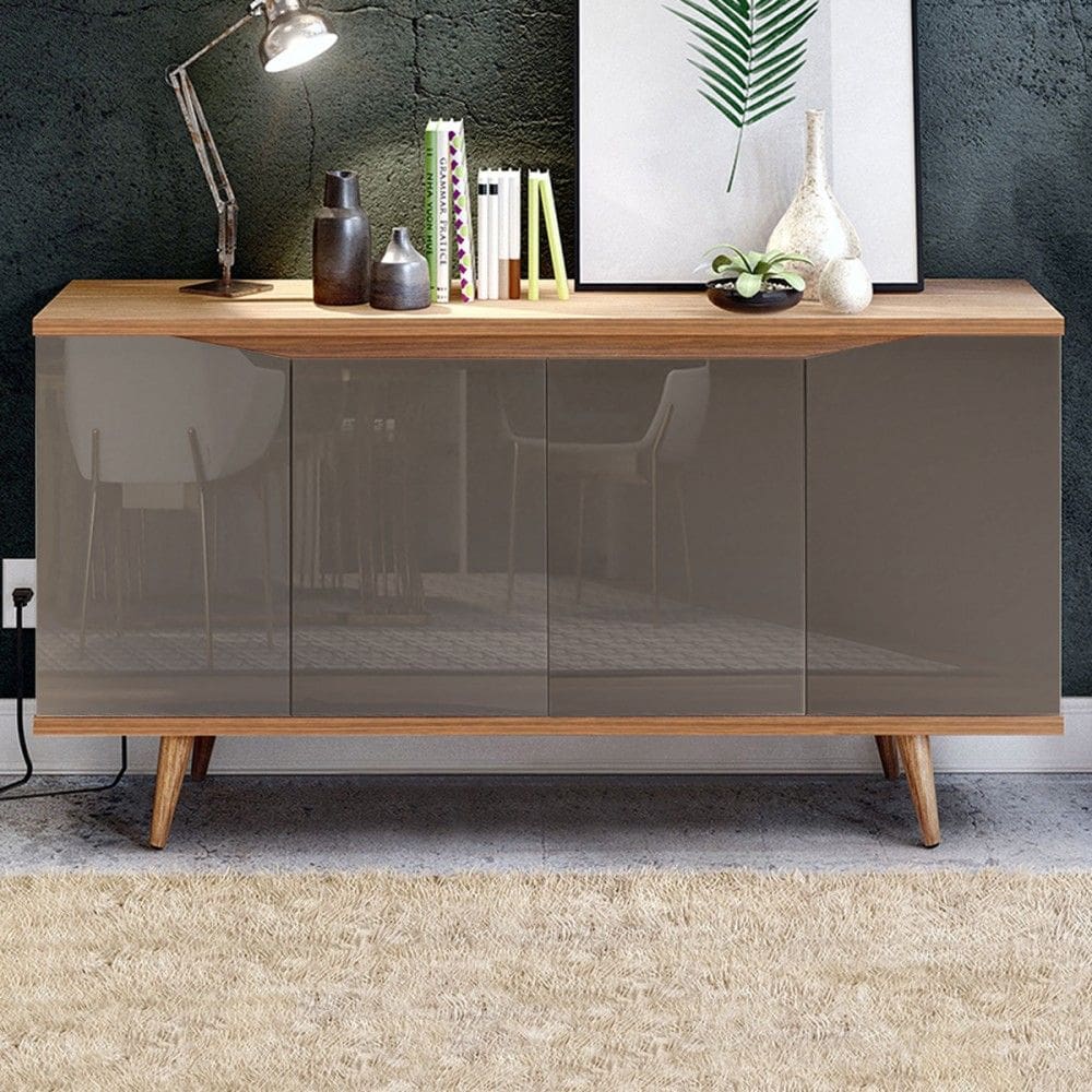 Balcão Buffet Gracyella 4 Portas Cinza Perola/Noce -  Pnr Móveis