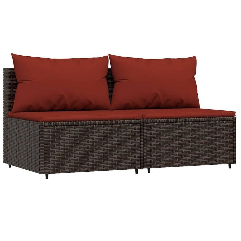 Sofá médio de pátio vidaXL Brown Poly Rattan com almofadas