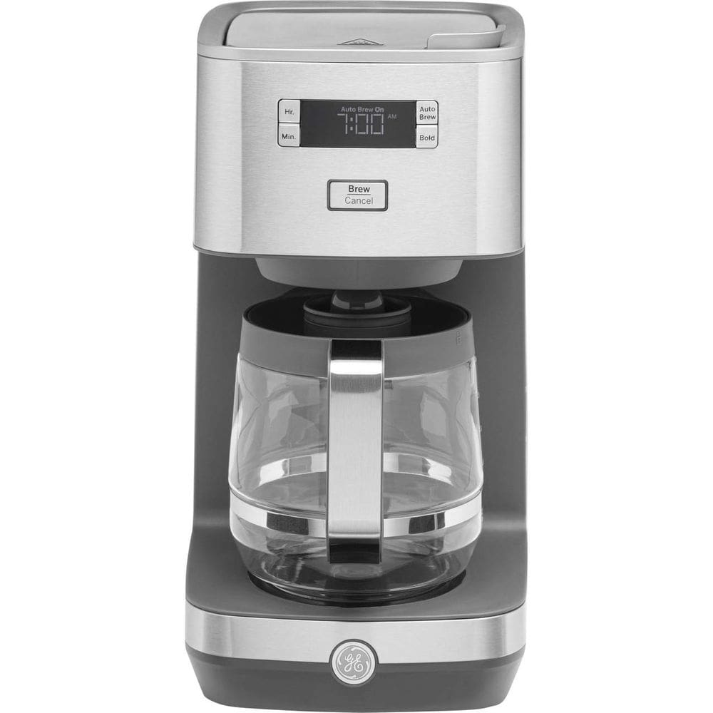Cafeteira GE Drip Garrafa de vidro de 12 xícaras com temporizador de aço inoxidável