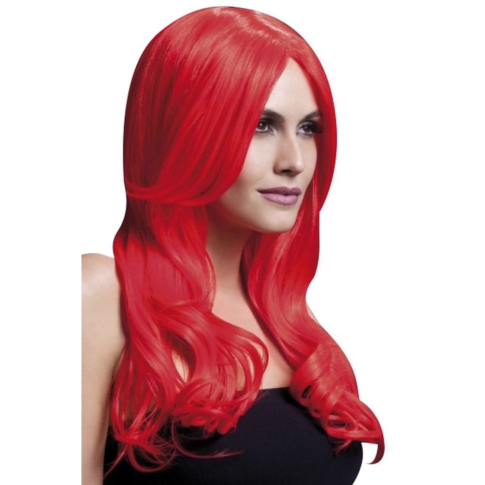 Peruca Smiffys Fever Khloe Neon Red Long Wave com abertura central
