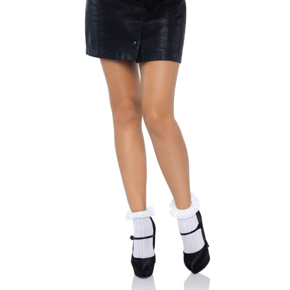 Meias de tornozeleira Leg Avenue Zig Zag, crochê, renda, branca