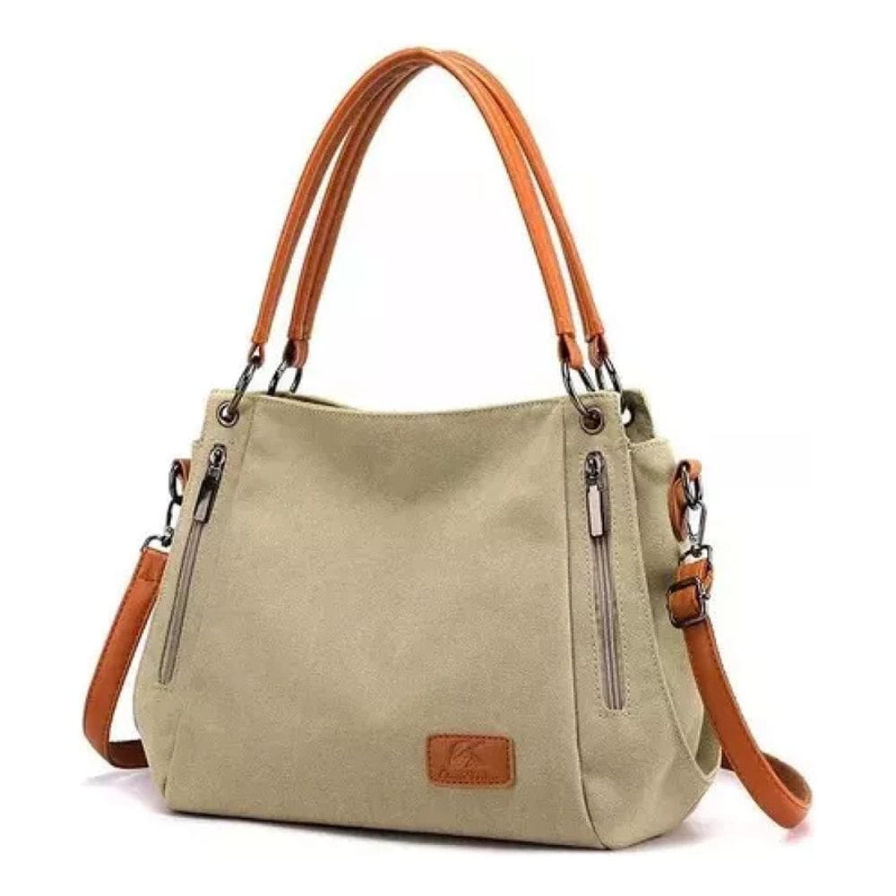 Bolsa de ombro feminina de algodão e couro marrom