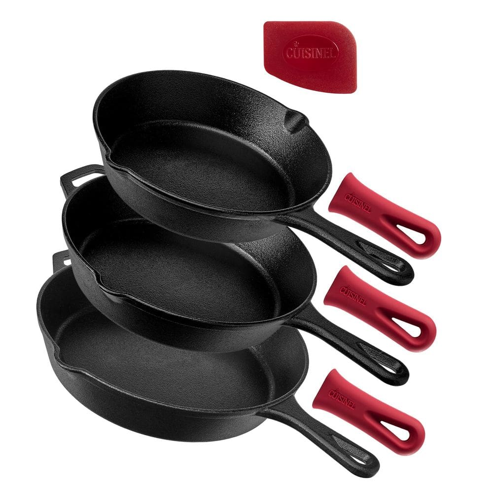 Conjunto de frigideiras Cuisinel Cast Iron 20 cm, 25 cm, 30 cm com alça de silicone