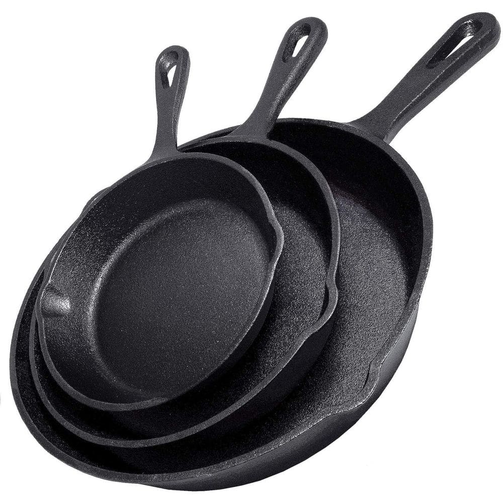 Conjunto de frigideiras de ferro fundido Simple Chef, 3 peças, preto pré-temperado