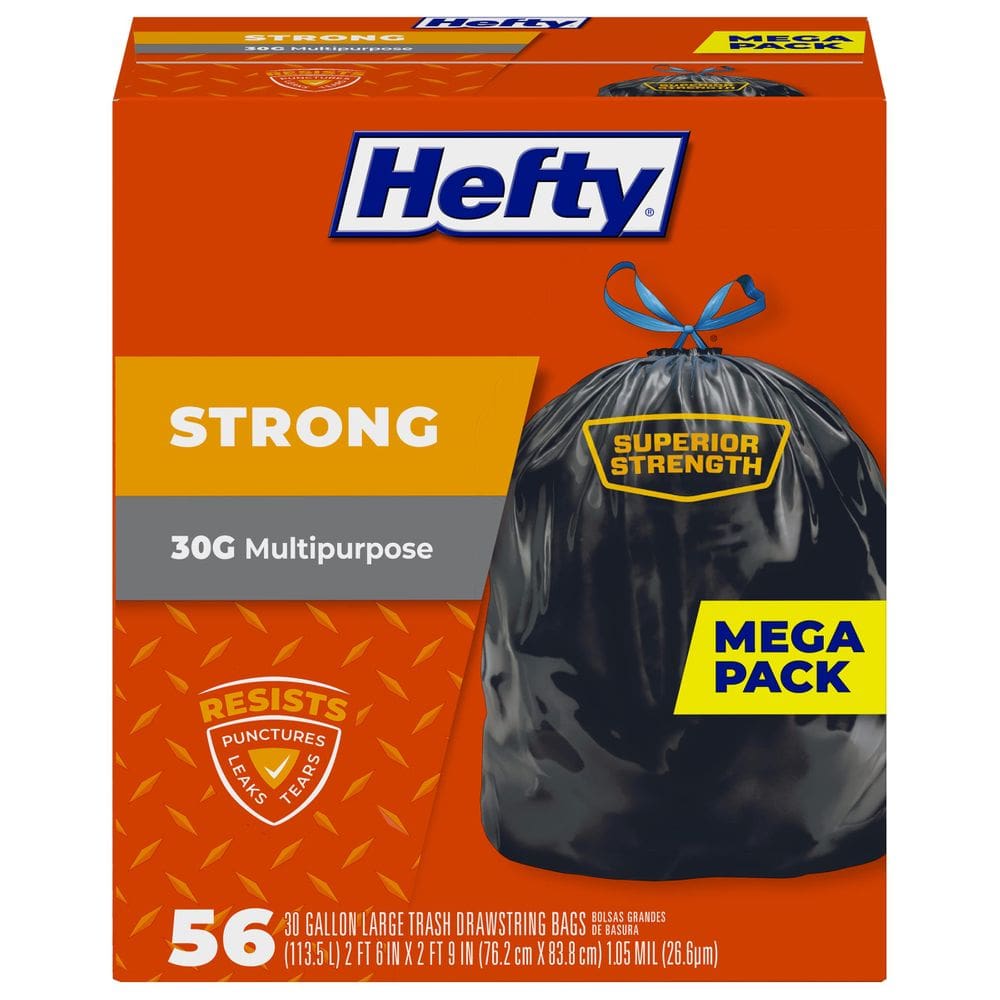 Sacos de lixo Hefty Strong 113,56L, tamanho de 30 galões, 56 sacos