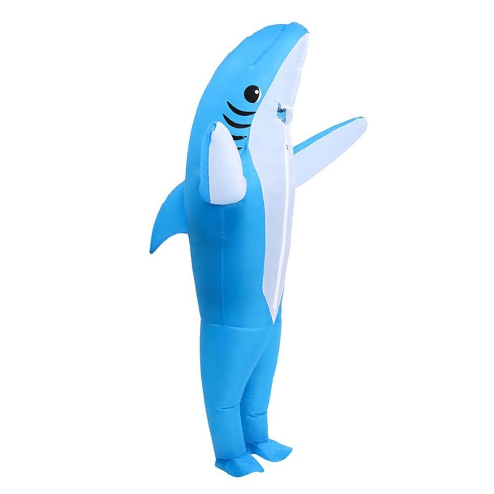 Fantasia inflável de tubarão Mike para adultos/crianças, azul de Halloween