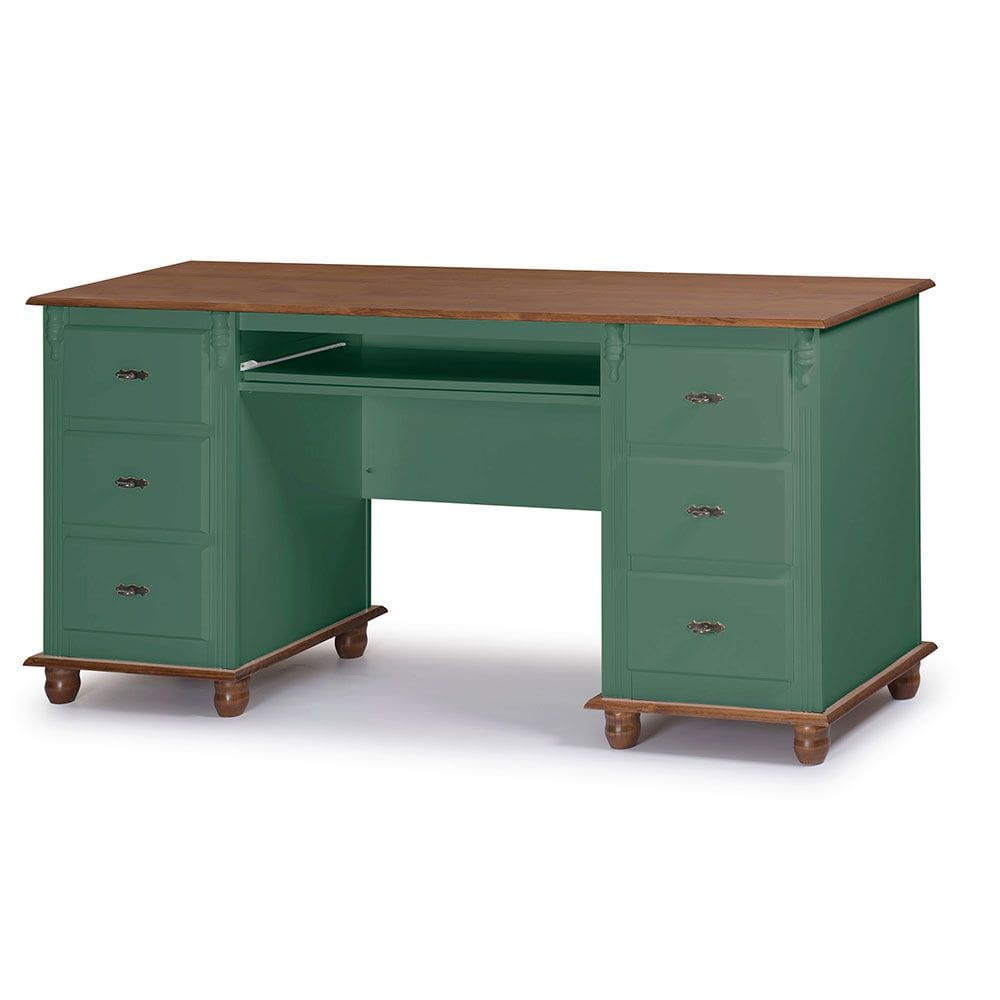 Escrivaninha 6 Gavetas com Suporte para Teclado e Divisor de Ambiente Office 50606 Linz Móveis - Verde Musgo/Imbuia Glazer