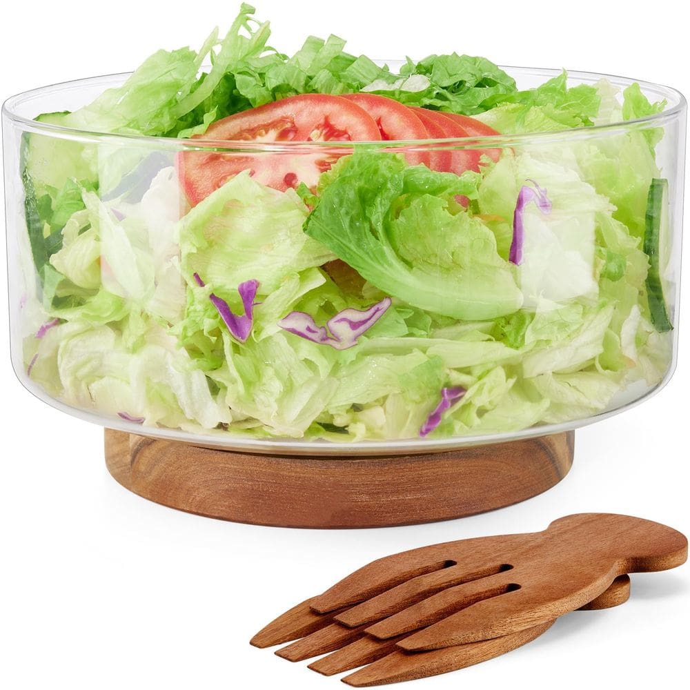 Conjunto de saladeiras HouseJoy de vidro grande com base de madeira de acácia