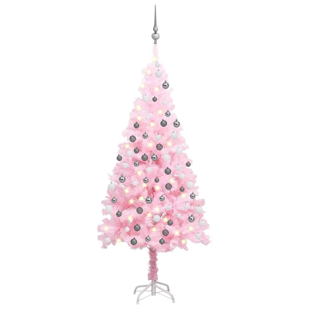 Árvore de Natal vidaXL em PVC rosa 120 cm com luzes LED e conjunto de bolas