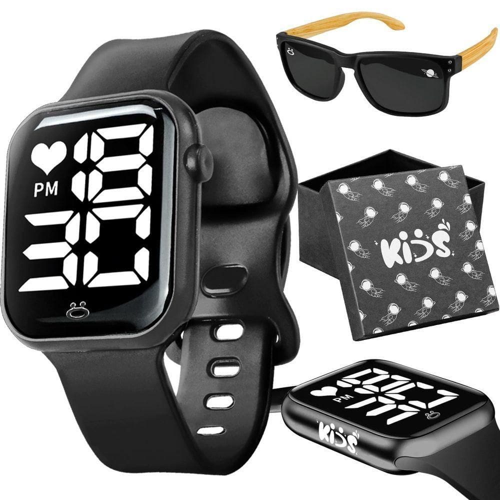 Relogio Digital Infantil + Caixa + Oculos Sol Uv Proteção Resistente Haste Madeira Preto Presente