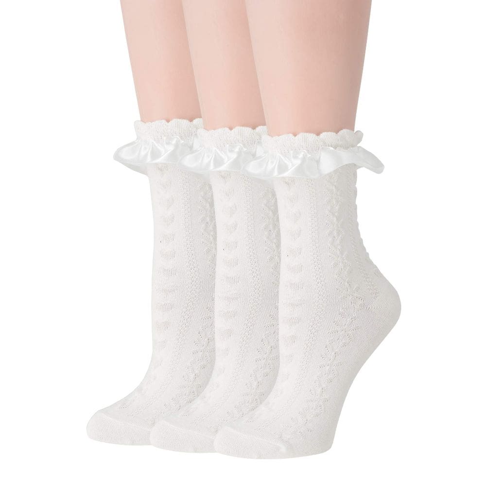 Meias de tornozelo SRYL femininas de renda com babados e algodão, 3 pares, brancas