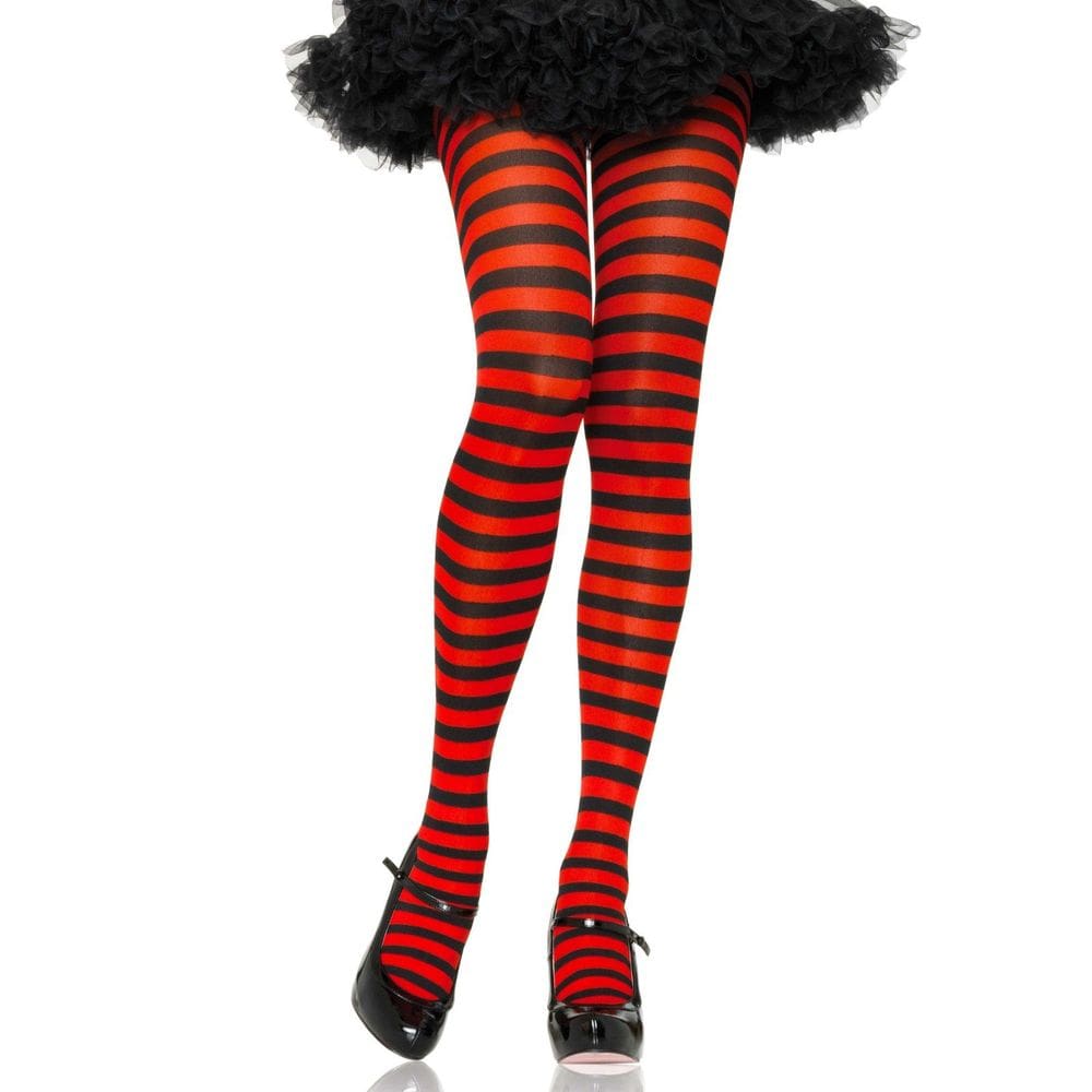 Meias Leg Avenue de nylon listradas preta/vermelha para mulheres