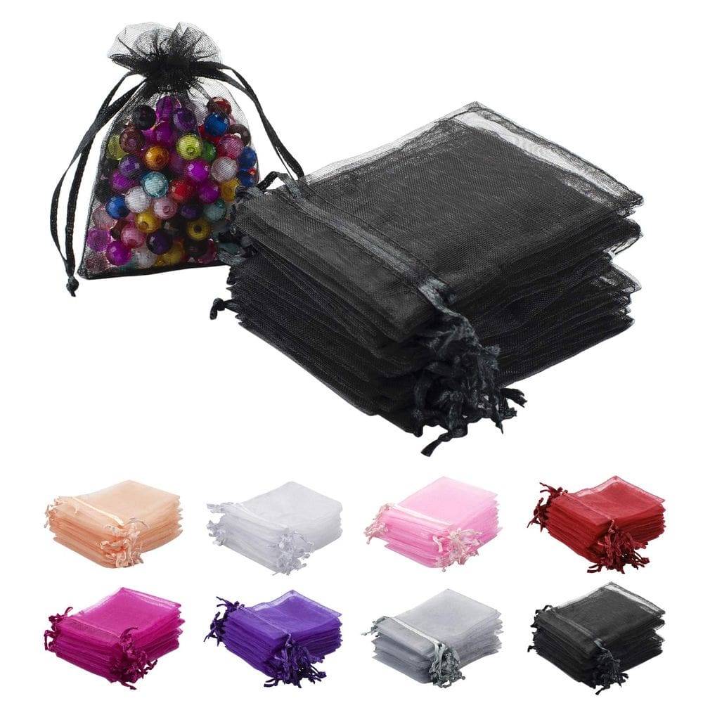 Sacos de presente de organza MOTYAWN 100 unidades pretas 7x9 cm com cordão