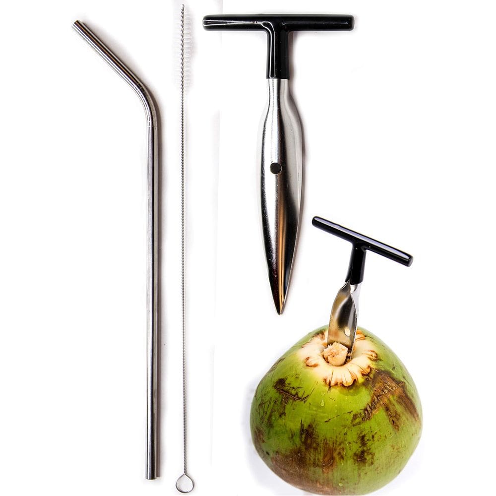 Abridor de coco Ken`s CocoMon com conjunto de canudos de aço inoxidável