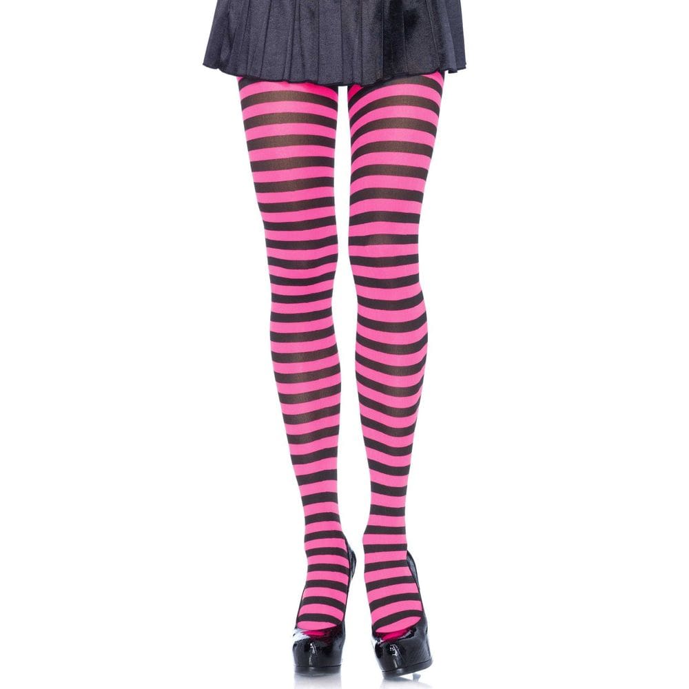 Meia-calça Leg Avenue, listrada de nylon, preta/rosa neon, feminina
