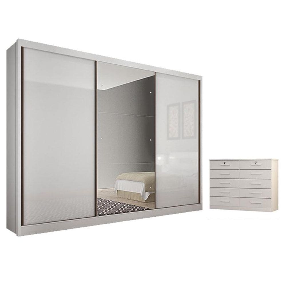 Guarda Roupa Casal Duna e Gaveteiro Milão com Chave Neve - Novo Horizonte